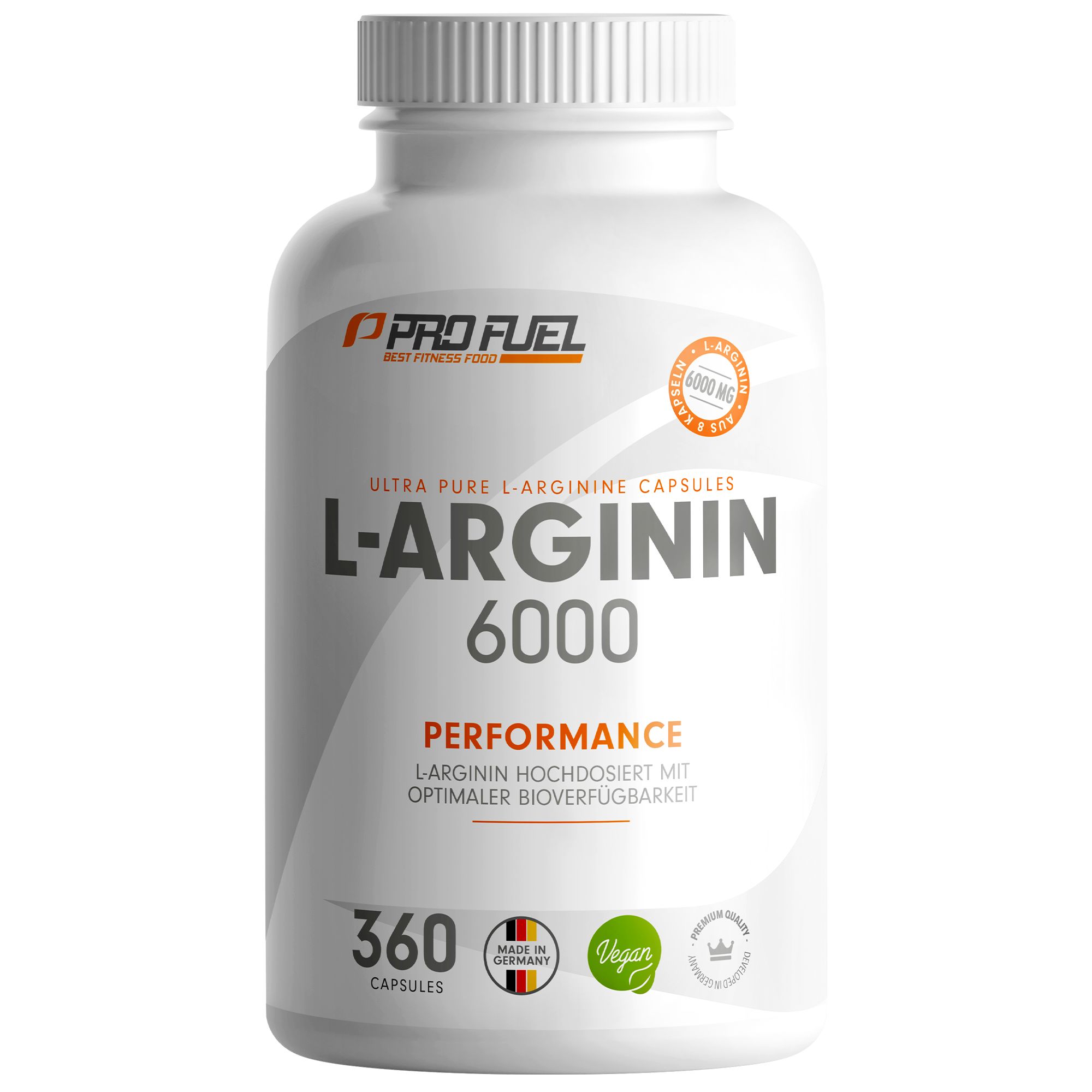 Weiße Flasche L-Arginin 6000. Aufschrift: Performance, 360 Kapseln, Made in Germany, Vegan. Logo Profuel.