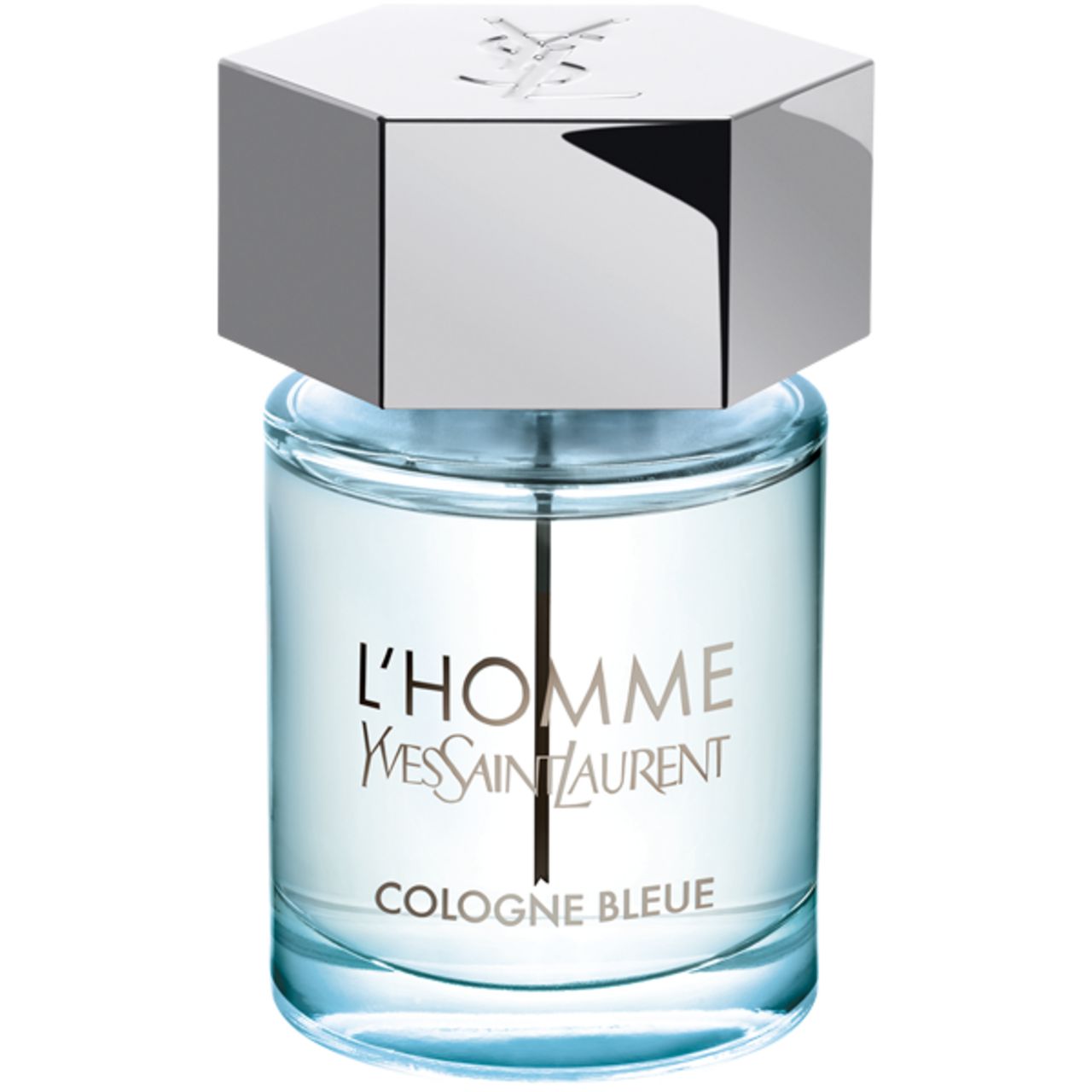 Yves Saint Laurent L'Homme Cologne Bleu Flakon. Zylindrischer Glasflakon mit silbernem Deckel. Text: L'Homme, Cologne Bleu.