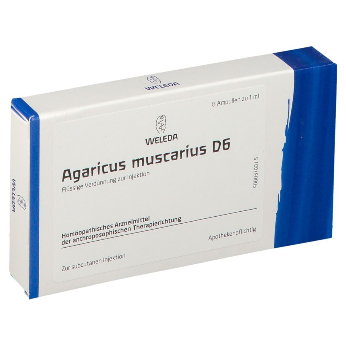 Weleda Agaricus muscarius D6. Weiße Schachtel mit blauen Akzenten. Text: Agaricus muscarius D6, 8 Ampullen, 1 ml.
