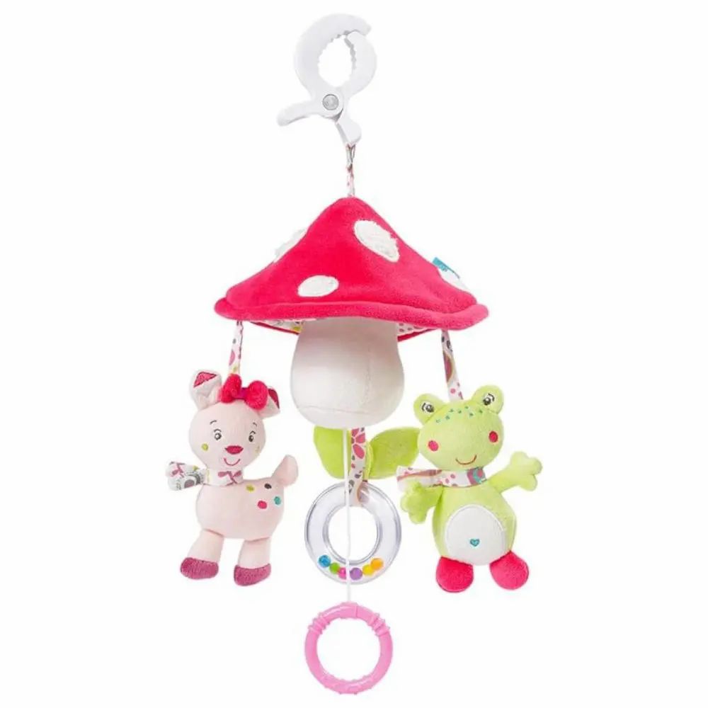 Mobile mit Pilz, Reh und Frosch. Rosa Pilz mit weißen Punkten, darunter Figuren und Ringe. Mit Clip zum Aufhängen.