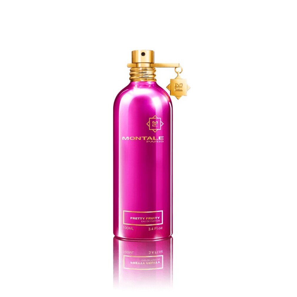 Pinkfarbene Flasche mit goldenem Verschluss und Anhänger. Aufschrift: MONTALE PARIS, PRETTY FRUITY. 3.4 fl oz.