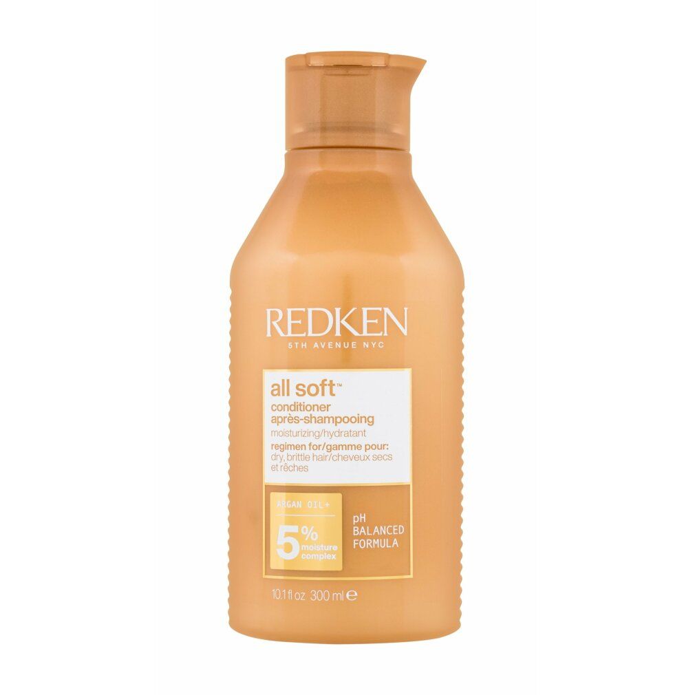 Orangefarbene Flasche Redken All Soft Conditioner. Aufschrift: All Soft, Conditioner, pH Balanced Formula. Flasche mit Ausgießer.