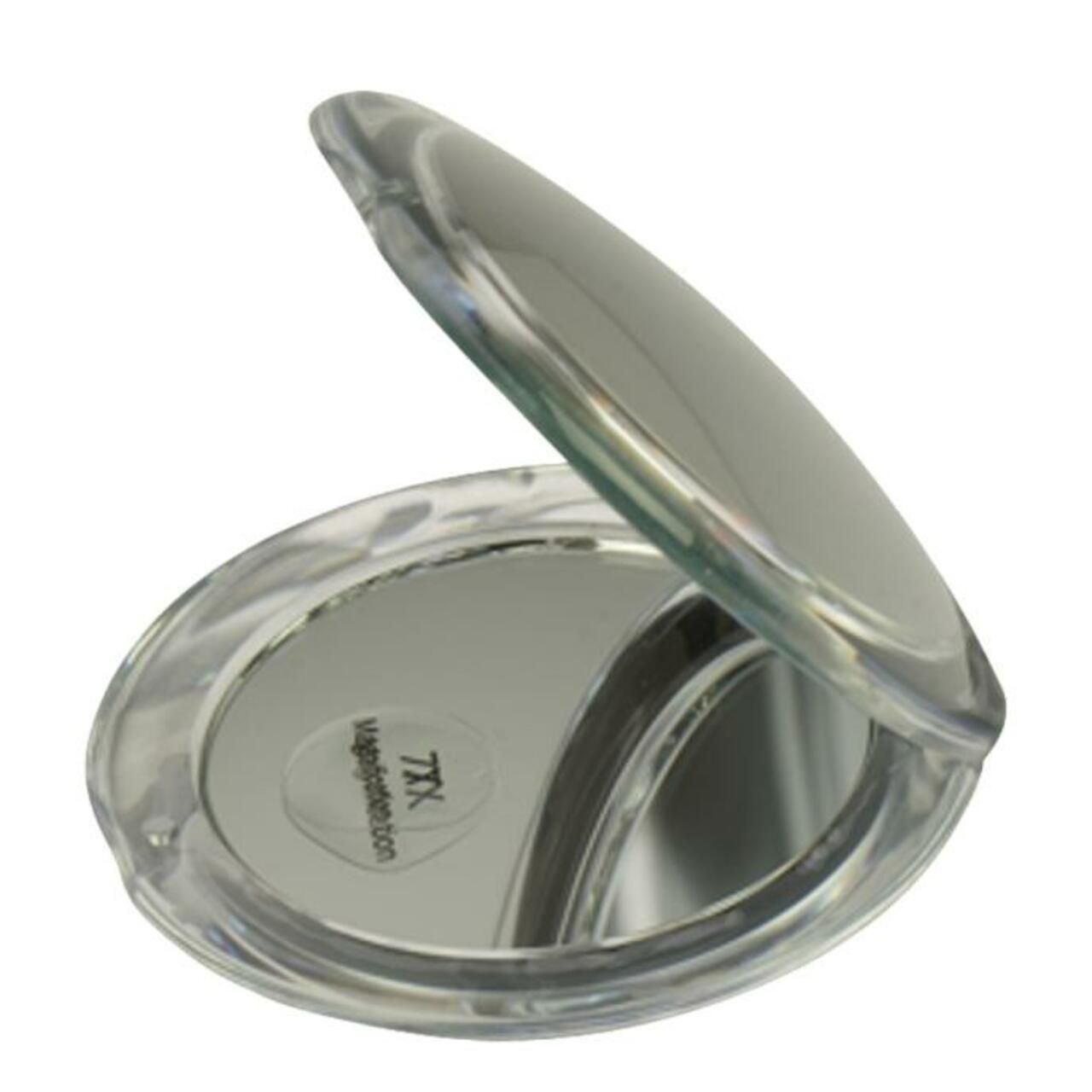 Runder Taschenspiegel, geöffnet. 7-fach Vergrößerung, Acrylglas. Klappbar, silberfarben. Aufschrift: 7X magnification.