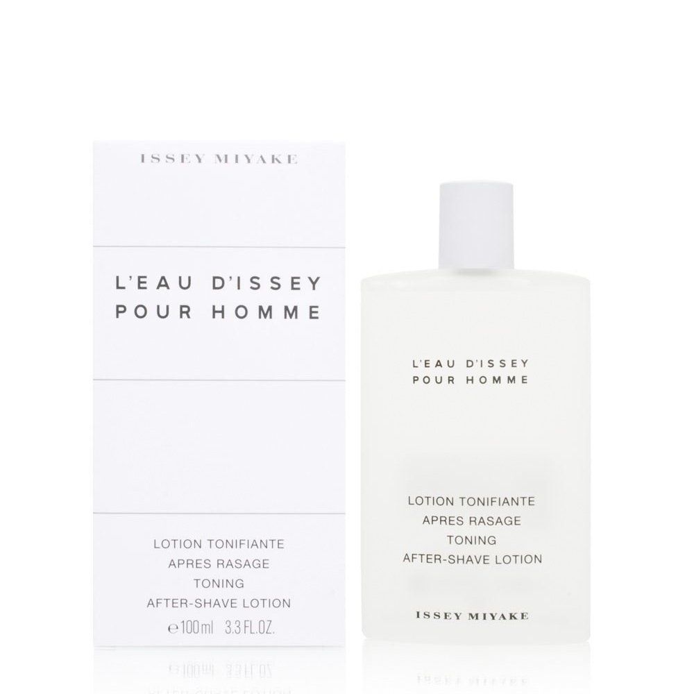 Issey Miyake After Shave Lotion. Weiße Flasche und Verpackung. Text: L'Eau d'Issey pour Homme, Lotion Tonifiante.