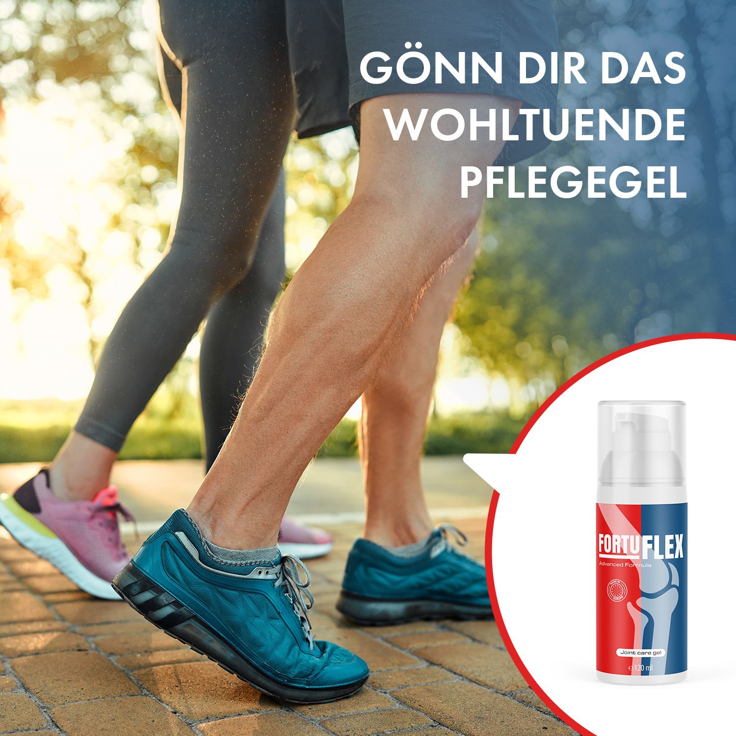 Zwei Personen gehen spazieren. Fortuflex Gel-Flasche im Bild. Aufschrift: Fortuflex. Text: Gönn dir das wohltuende Pflegegel.