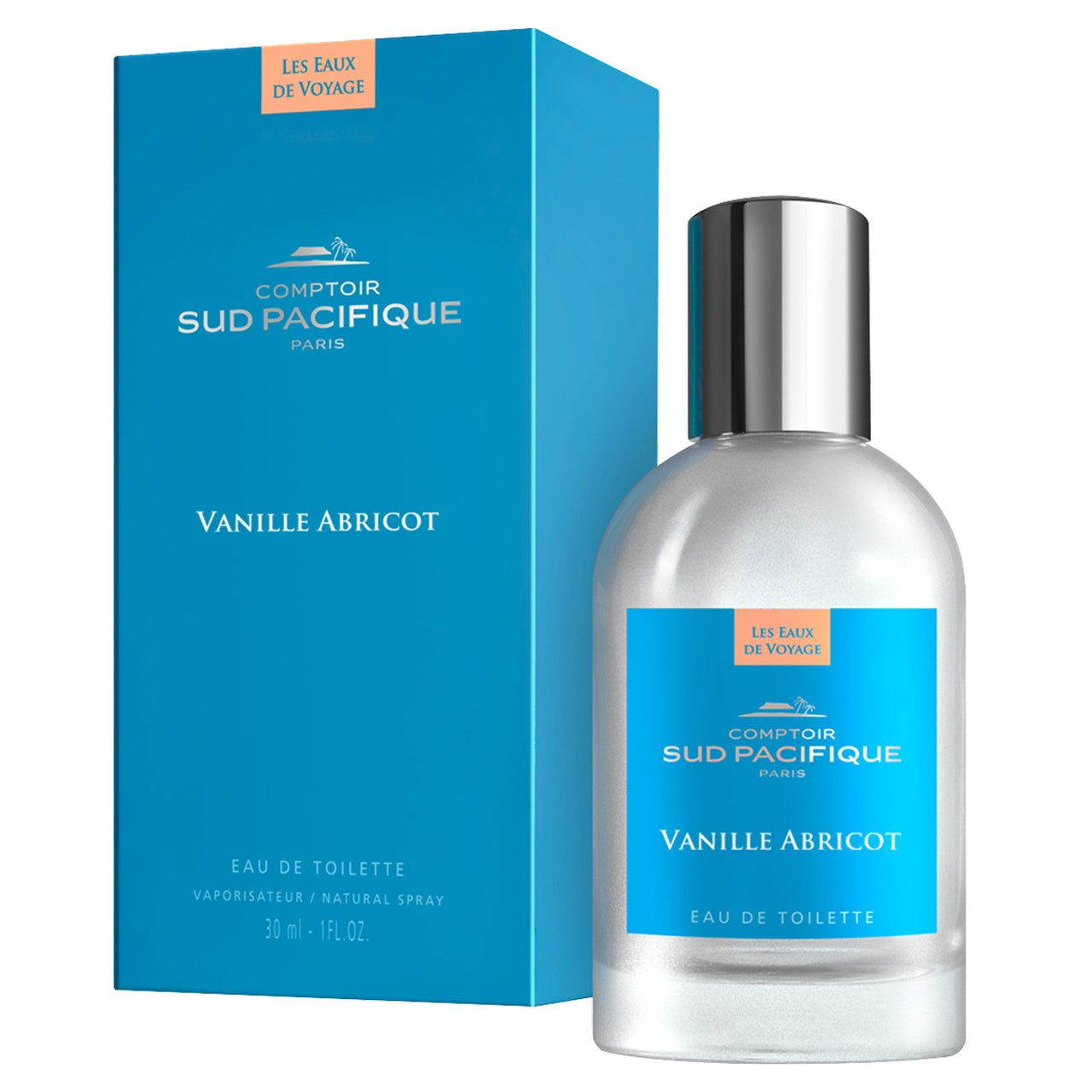 Parfümflasche und blaue Schachtel. Aufschrift: Comptoir Sud Pacifique, Vanille Abricot, Eau de Toilette, 30 ml.