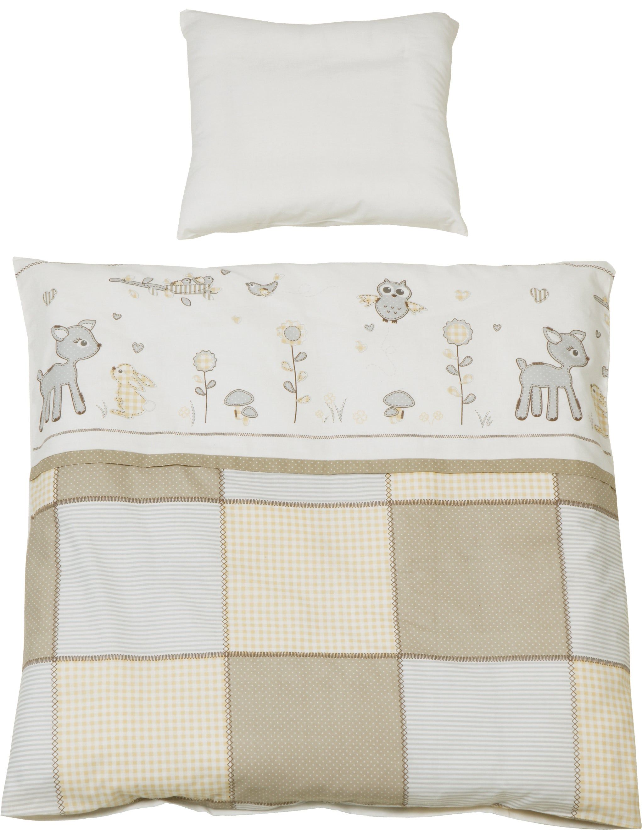 Wiegenbettwäsche-Set, 2-teilig. Kissen und Decke mit Tiermotiven: Rehe, Hase, Eule, Blumen. Unterer Teil mit quadratischem Muster in Beige- und Grautönen.