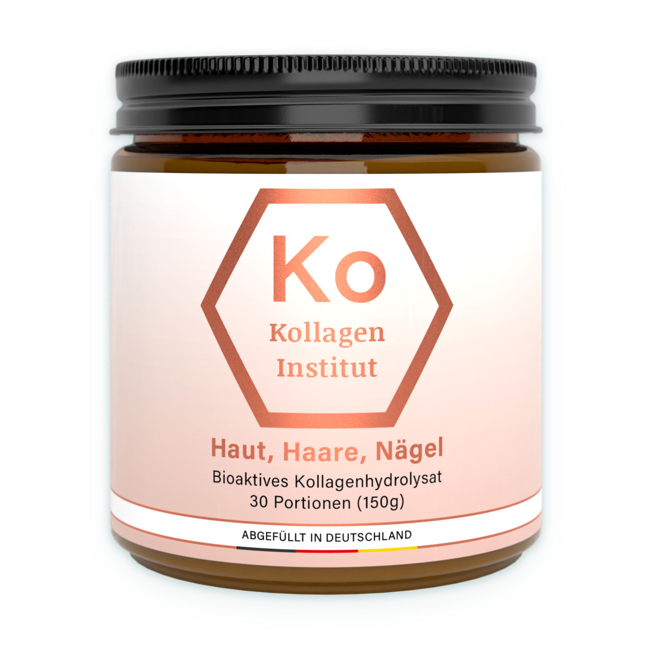 Braunes Glas mit schwarzem Deckel, gefüllt mit Kollagenpulver. Etikett mit "Ko Institut" Logo und Produktinformationen.