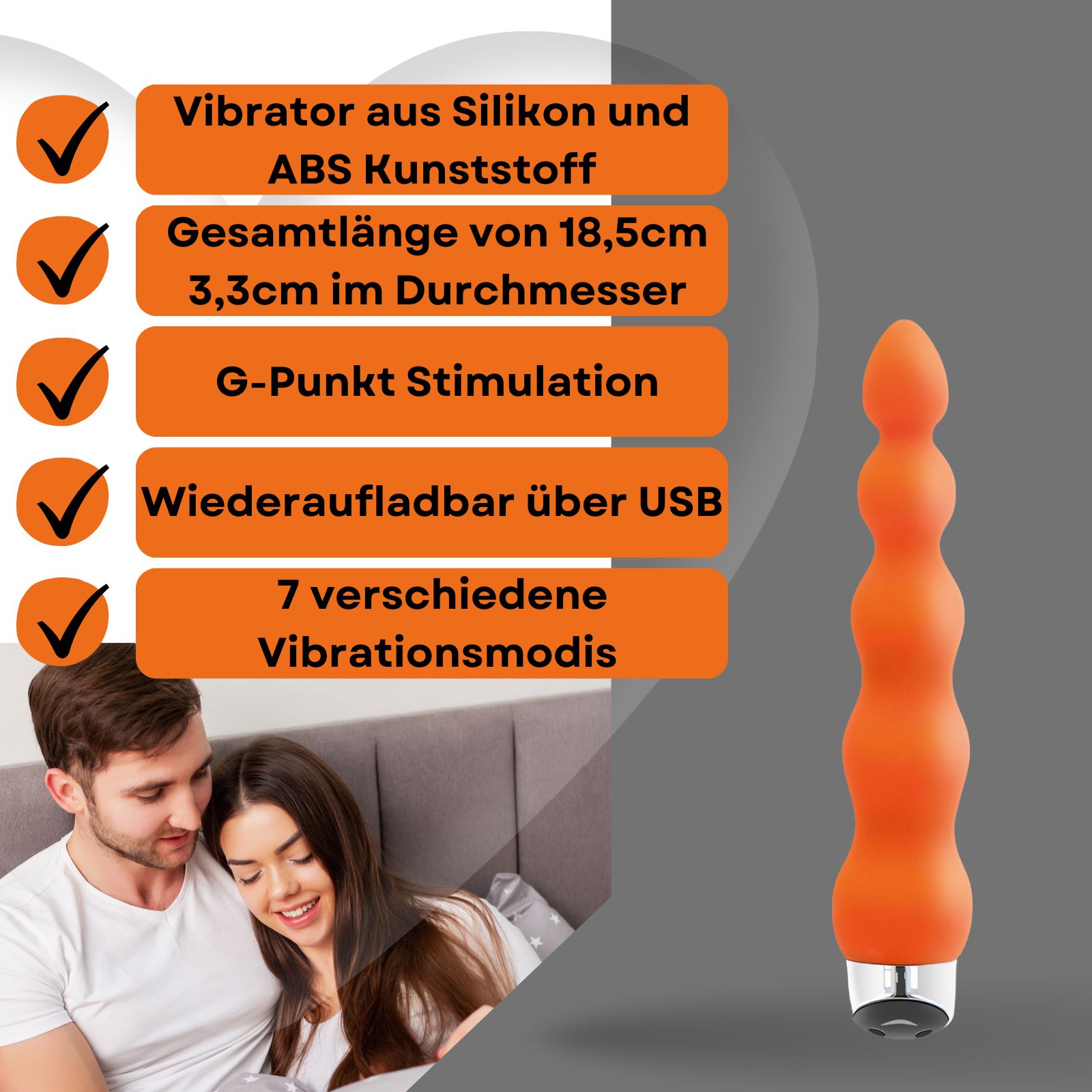 Orangener Vibrator mit Kugeln. Länge 18,5 cm, Durchmesser 3,3 cm. Aus Silikon und ABS-Kunststoff. Wiederaufladbar.