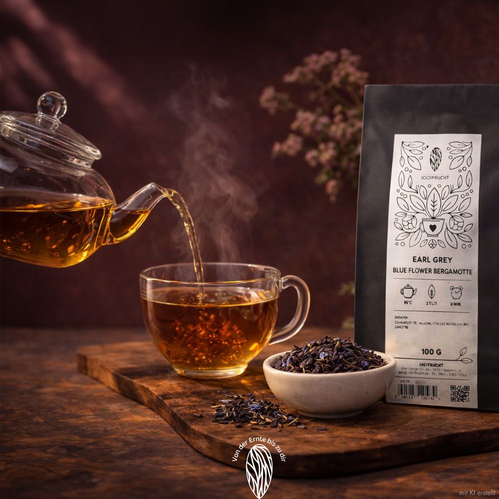Tee wird aus einer Glaskanne in eine Tasse gegossen. Daneben eine Packung Earl Grey Tee.