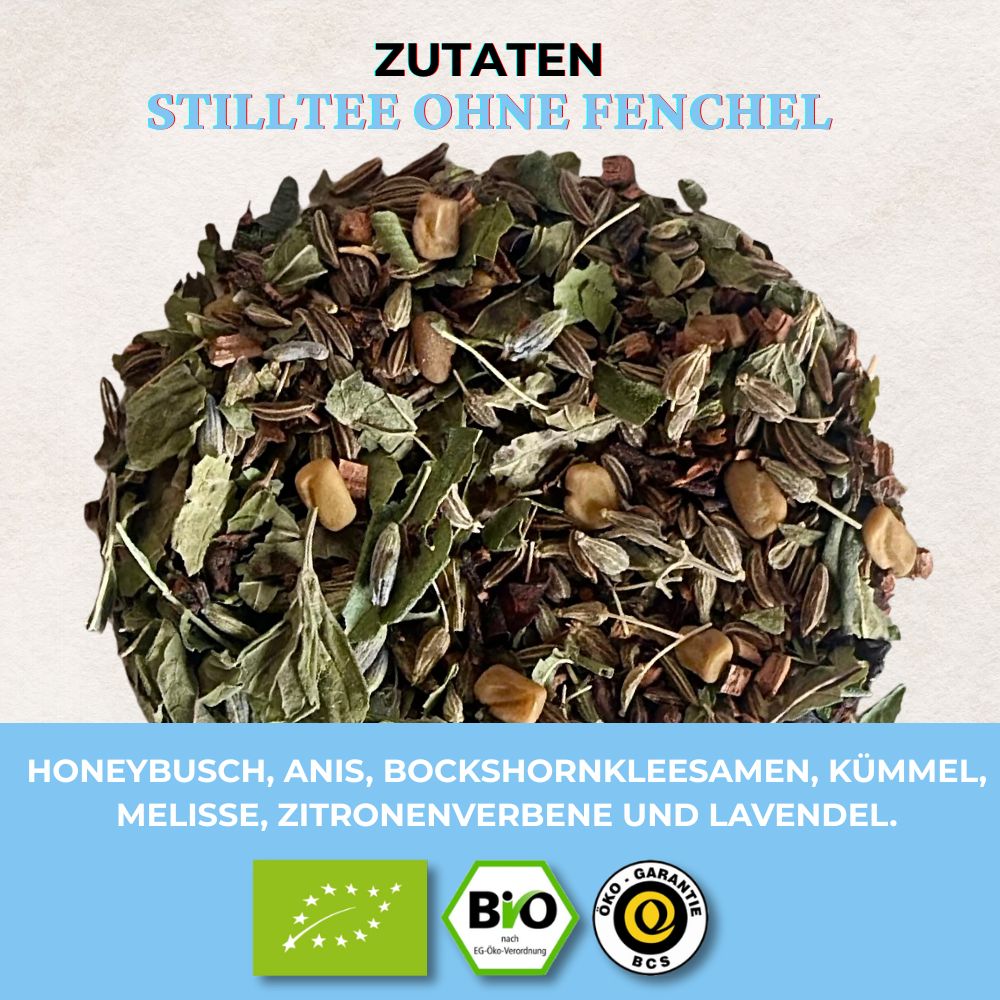Nahaufnahme der Zutaten von Stilltee ohne Fenchel. Aufdruck: Honeybusch, Anis, Bockshornkleesamen, Kümmel, Melisse, Zitronenverbenen, Lavendel.