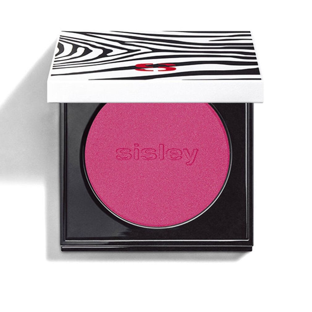 Rouge in schwarzem quadratischen Behälter. Deckel mit Zebra-Muster und Sisley-Logo. Rosa Rouge mit Sisley-Schriftzug.