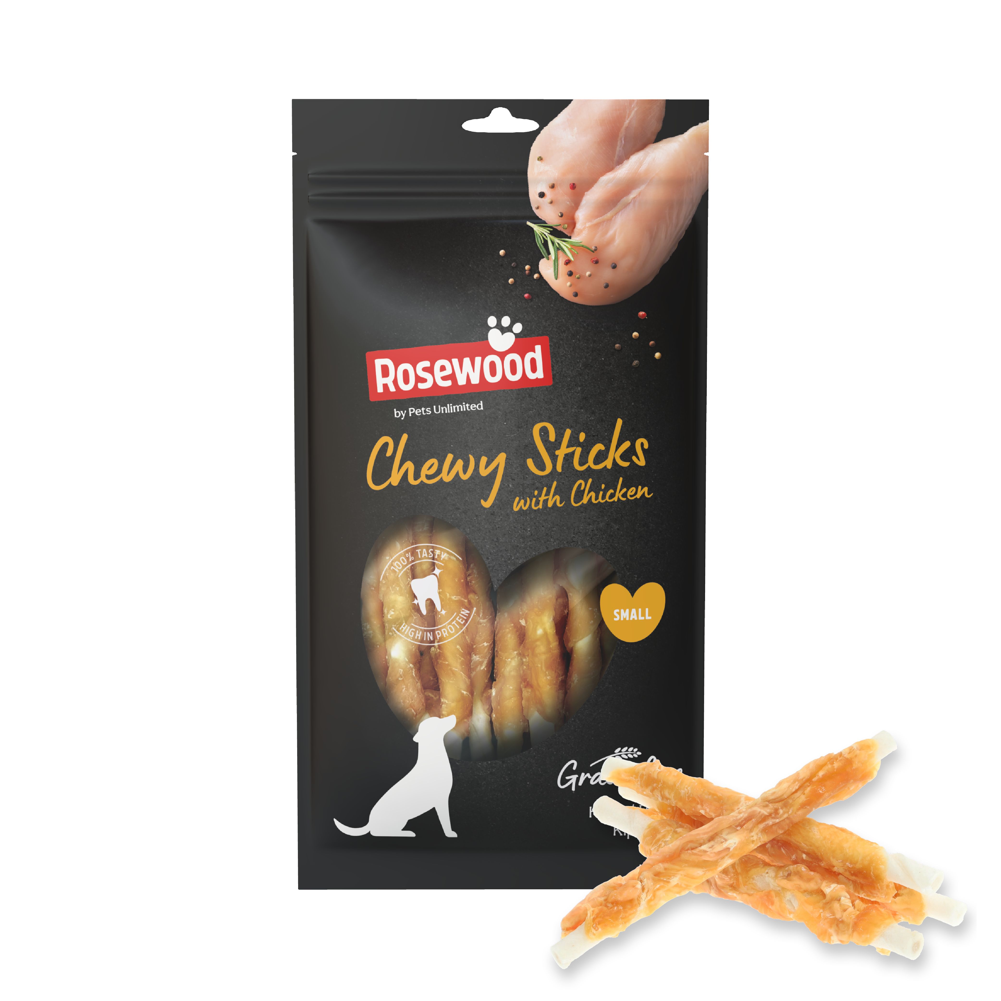 Einzelpackung Rosewood Chewy Sticks mit Huhn. Produktabbildung, Logo und Produktbezeichnung. Kleine Sticks liegen daneben.