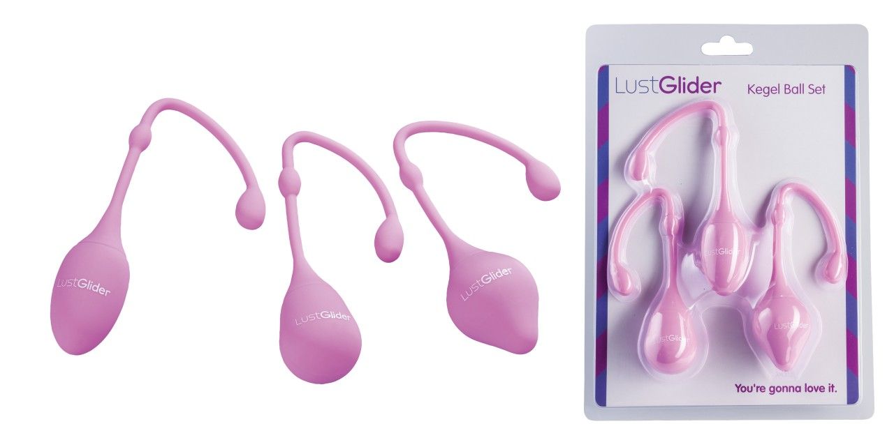 Rosa Kegel-Kugeln. Vier Kugeln, eine in Verpackung. Verpackung mit Schriftzug: LustGlider Kegel Ball Set.