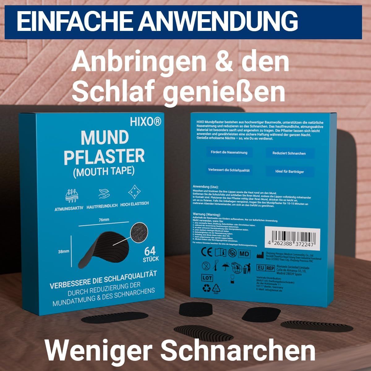 Produktverpackung mit Mundpflastern. Zwei Packungen, einige Pflaster daneben. Text: Einfache Anwendung, Weniger Schnarchen.