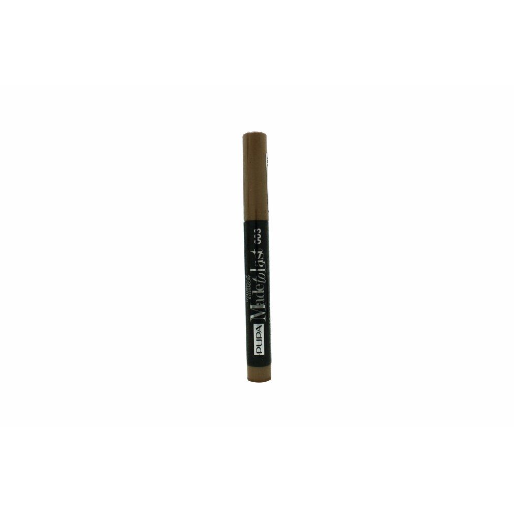 Lidschattenstift. Schwarzer Stift mit Produktnamen und Farbnummer. Beige-braune Farbe.