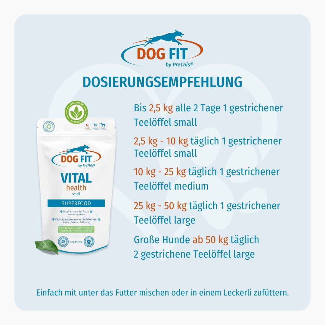Werbung für DOG FIT by PreThis® VITAL health. Dosierungsempfehlung für Hunde. Beutel abgebildet. Text: Dosierungsempfehlung.