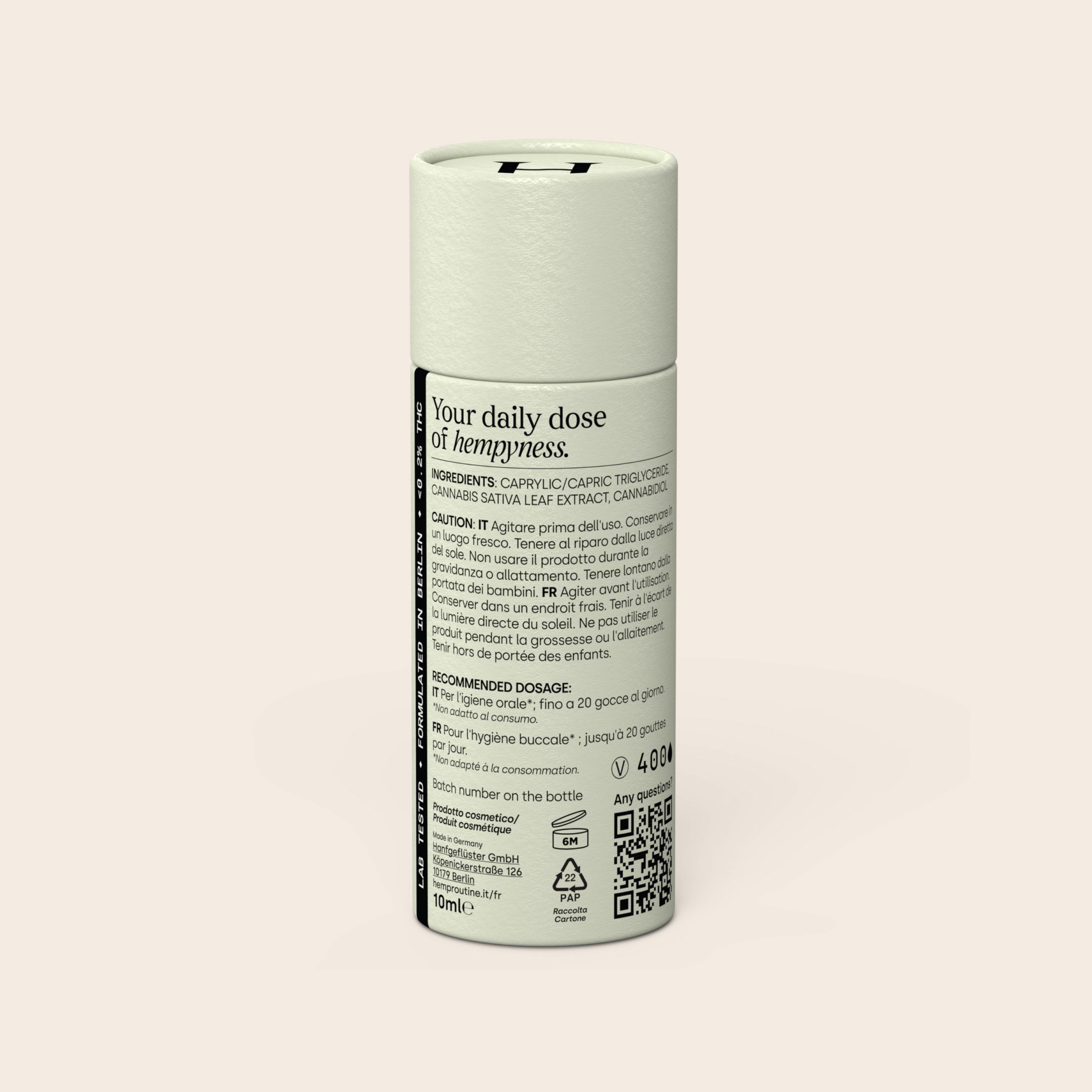 Zylindrische Verpackung mit Text. Enthält Informationen über das Produkt und die Anwendung.