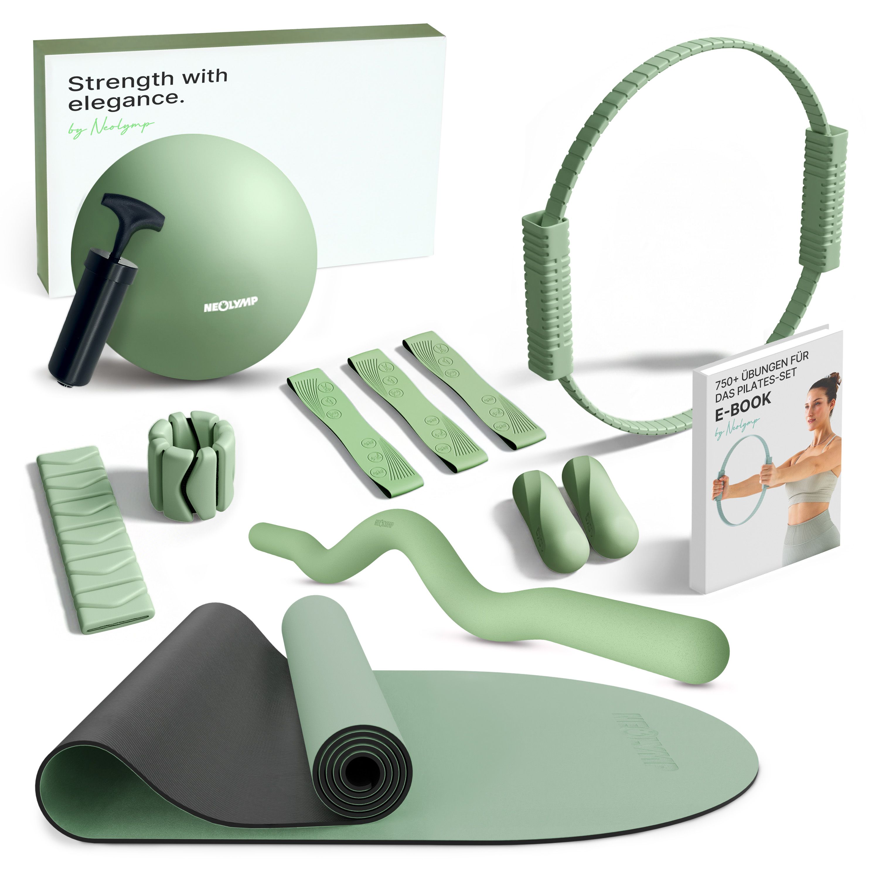 NEOLYMP Pilates Set: Matte, Ball mit Pumpe, Ring, SZ-Stange, Gewichts- und Fitnessbänder, Hanteln, E-Book.
