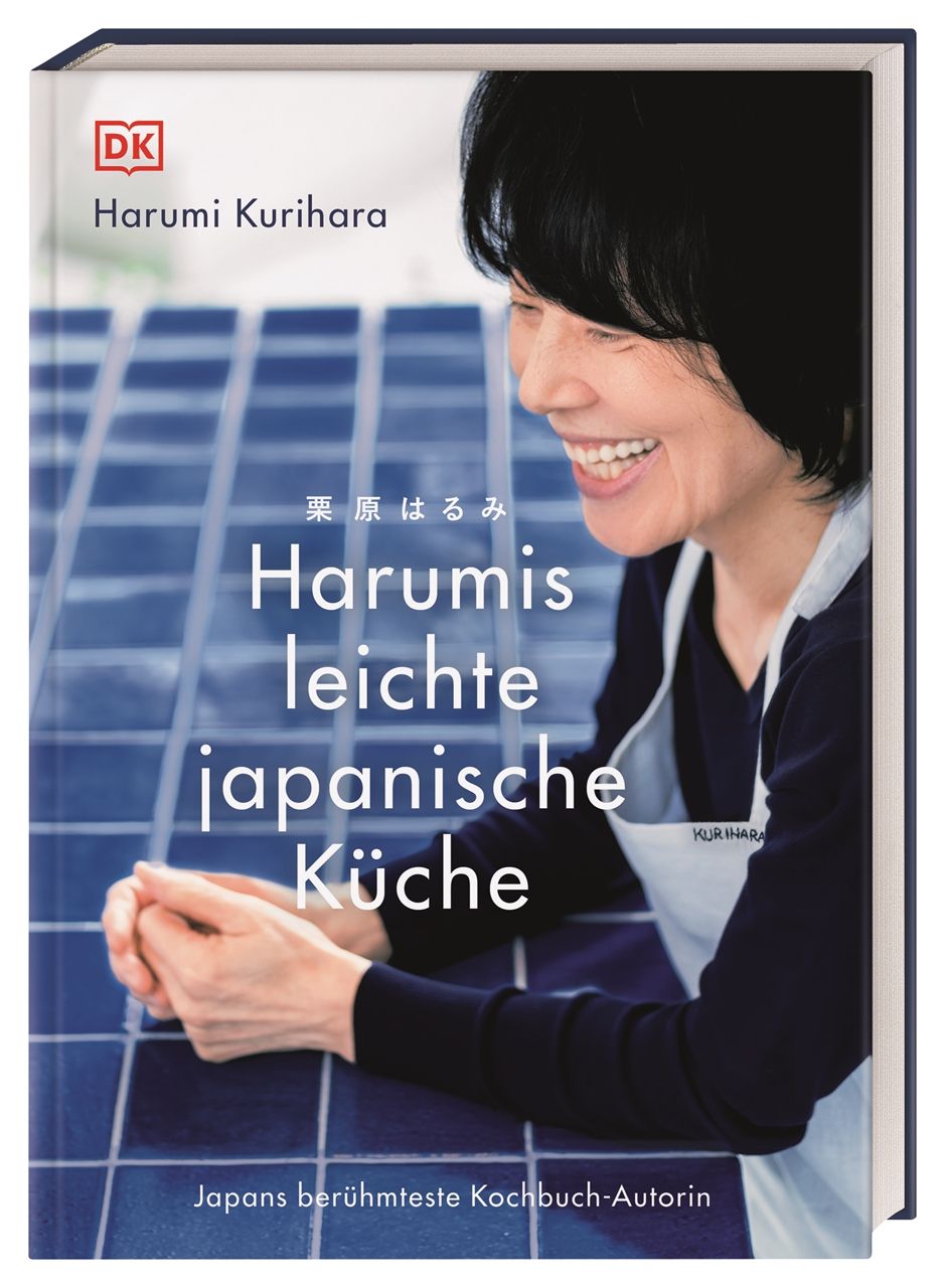 Buchcover von "Harumis leichte japanische Küche". Titel in weißer Schrift. Autorin lächelt. DK-Logo oben links.