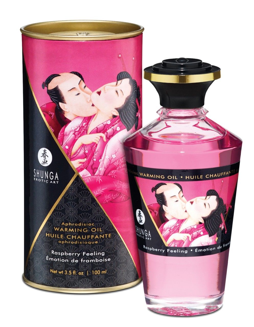 Rosa Massageöl-Flasche und Dose. Aufdruck mit küssendem Paar. Text: Shunga, Warming Oil, Himbeer-Feeling.