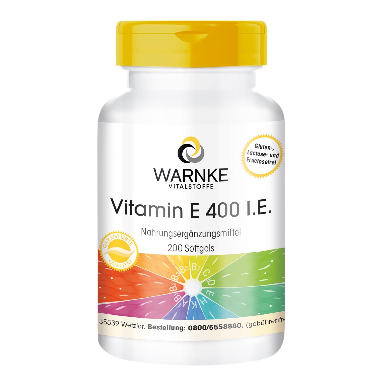 Weißes Pillenglas mit gelbem Deckel. Aufschrift: Warnke Vitalstoffe, Vitamin E 400 I.E., 200 Softgels. Gluten-, Lactose- und Fructosefrei.