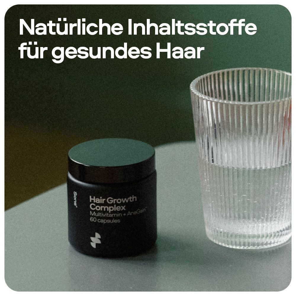 Schwarze Dose mit Deckel und Glas Wasser. Aufschrift: Hair Growth Complex, Multivitamin + AnaGain, 60 Kapseln. Marke: Sons.