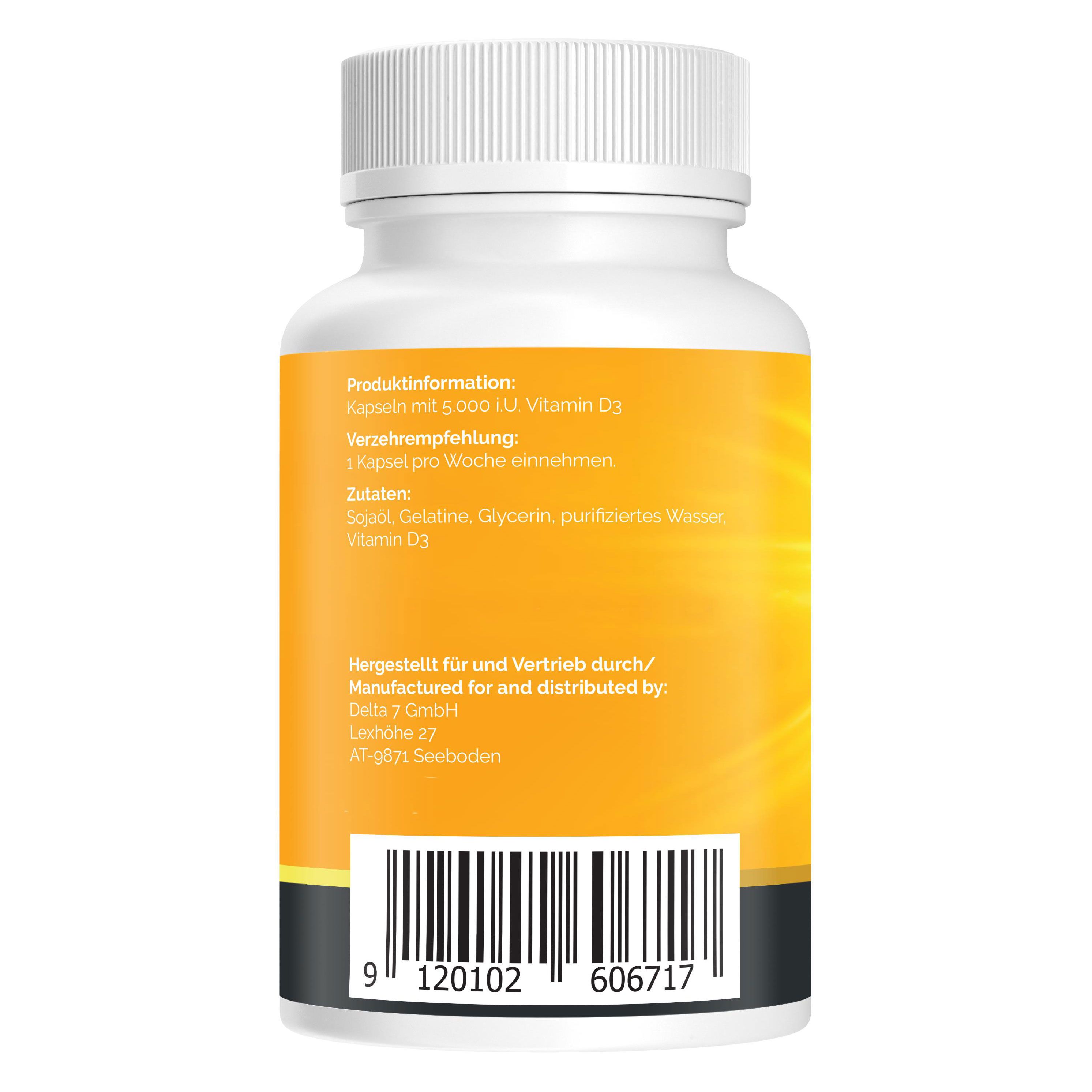 Rückseite der Flasche. Gelbes Etikett mit Produktinformationen, Zutaten und Herstelleradresse. Barcode unten.