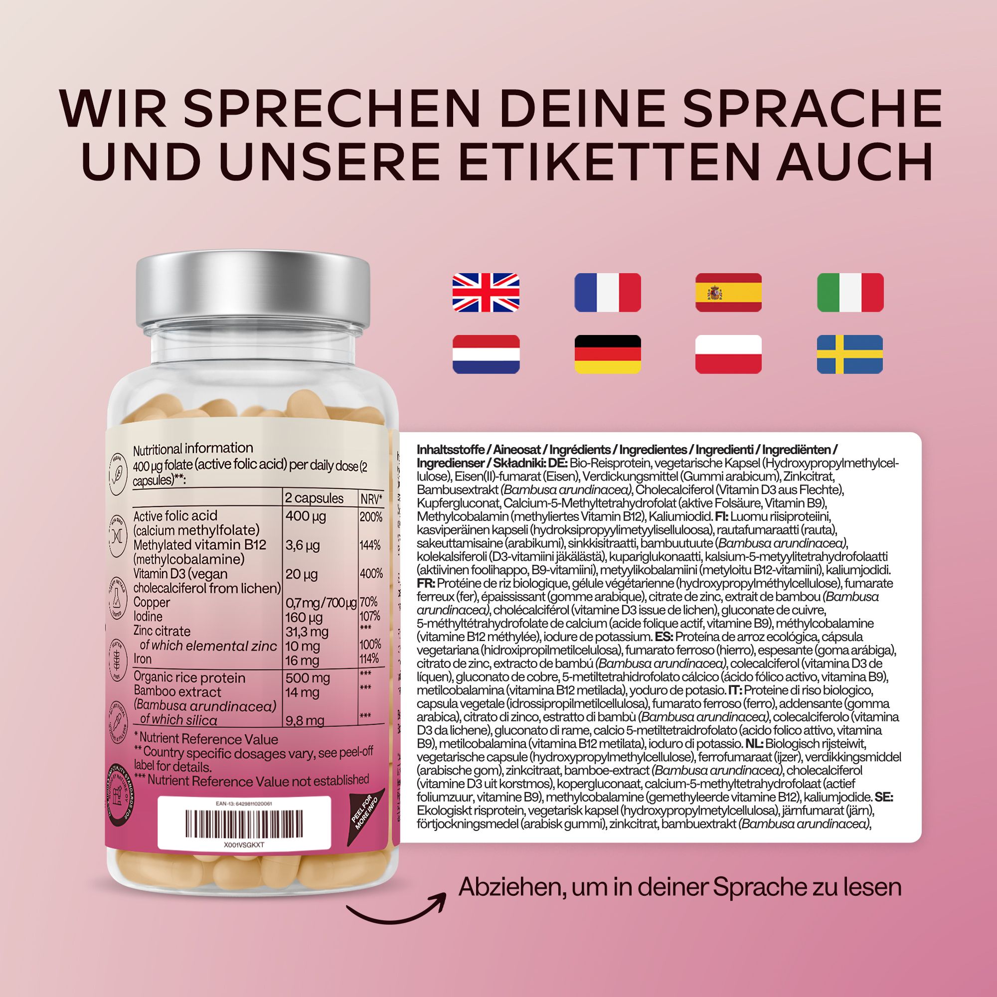 Aavalabs Folsäure-Kapseln. Flasche mit Kapseln. Enthält 120 Kapseln. Aufschrift: 400 μg Folsäure. Vegan.
