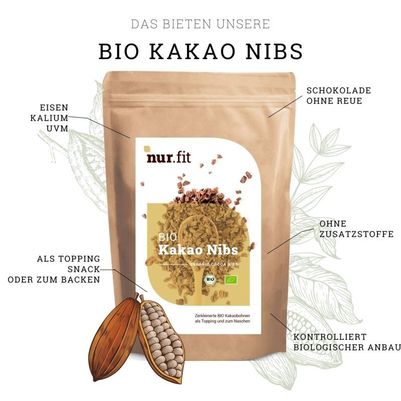 Braune Papiertüte mit "nur.fit BIO Kakaonibs". Illustrationen: Kakaobohnen, Text. Kennzeichnungen: Bio, ohne Zusatzstoffe, kontrolliert biologischer Anbau.
