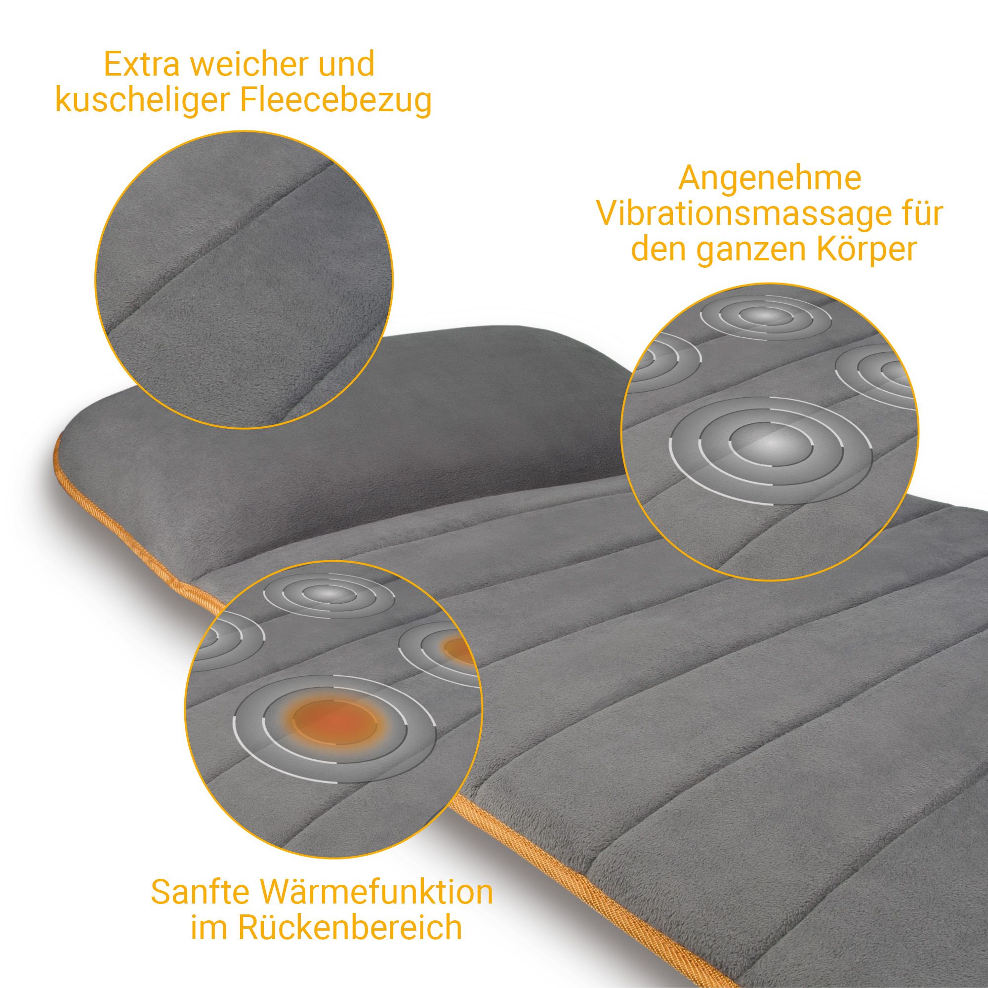 Detailansicht Massagematte: Weicher Fleecebezug, Vibrationsmassage, Wärmefunktion.