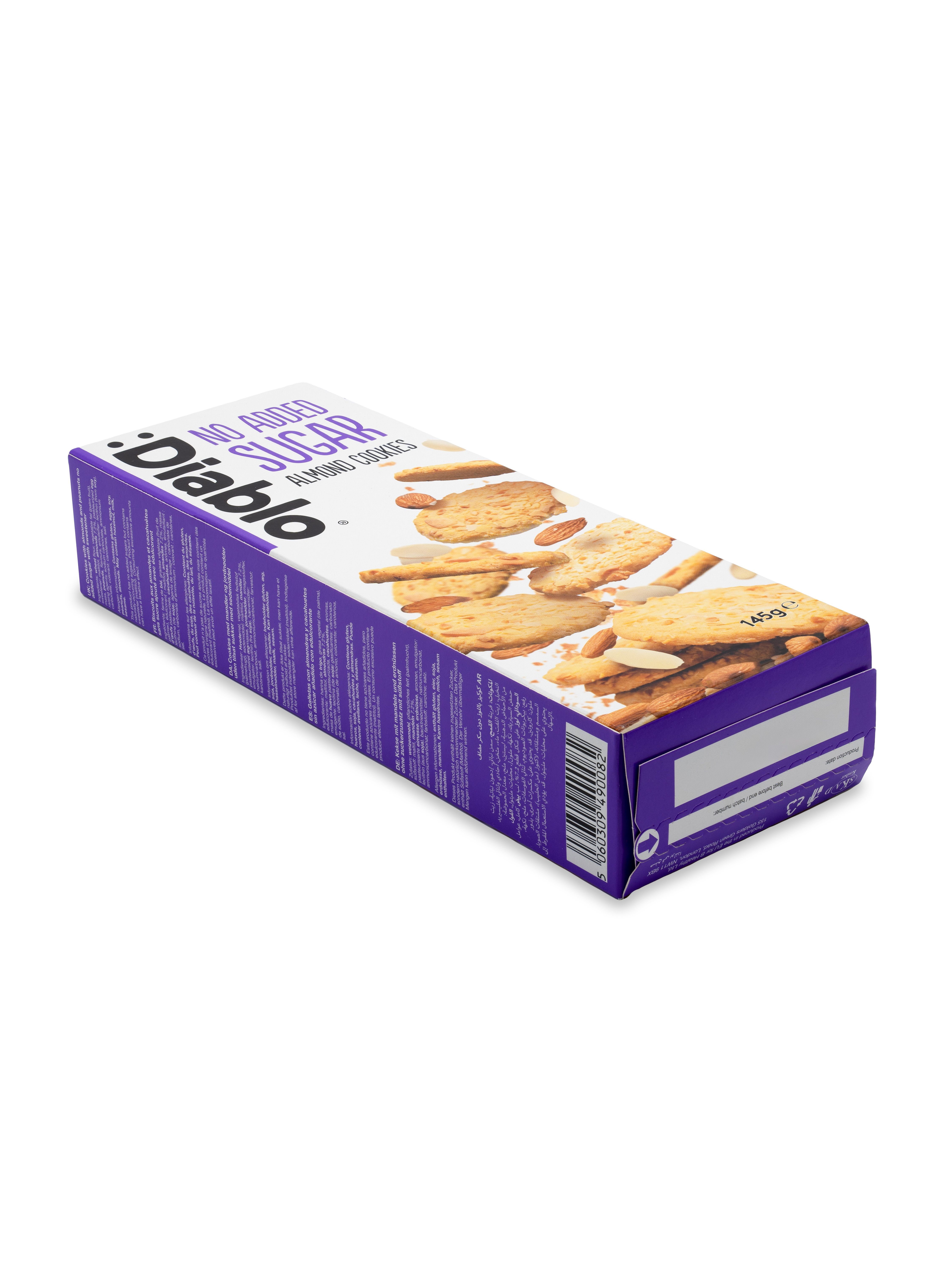 Diablo-Kekse ohne Zuckerzusatz. Verpackung mit Keksen und Mandeln. Text: "NO ADDED SUGAR ALMOND COOKIES". 145g.