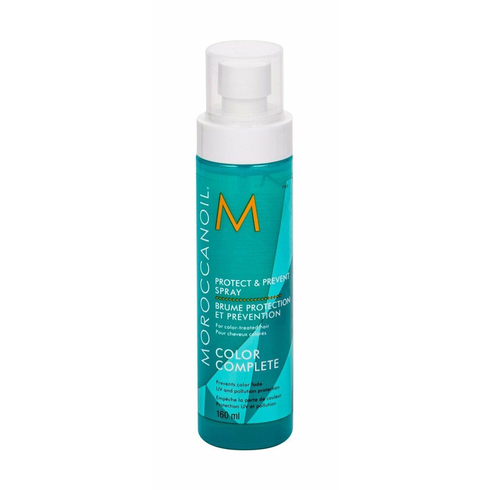 Türkisgrüne Sprühflasche mit weißem Sprühkopf. Aufschrift: Moroccanoil, Color Complete, Protect & Prevent Spray. 160 ml.