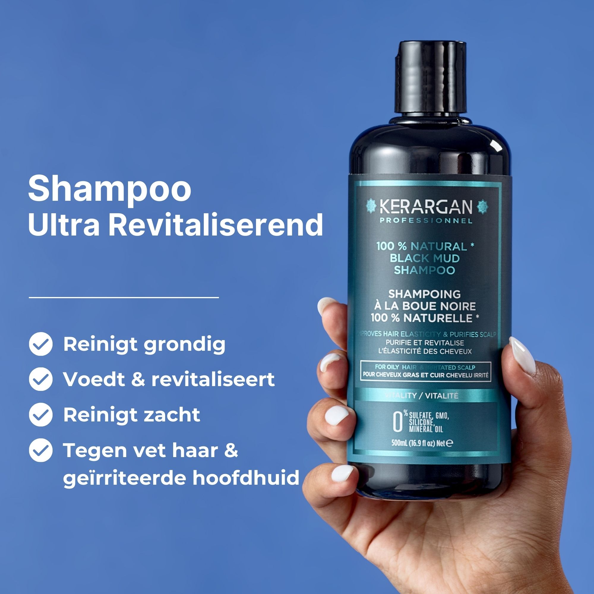 Hand houdt shampoo fles. Tekst: Kerargan, 100% Natural Black Mud Shampoo. Reinigt diep, voedt, voor vet haar.