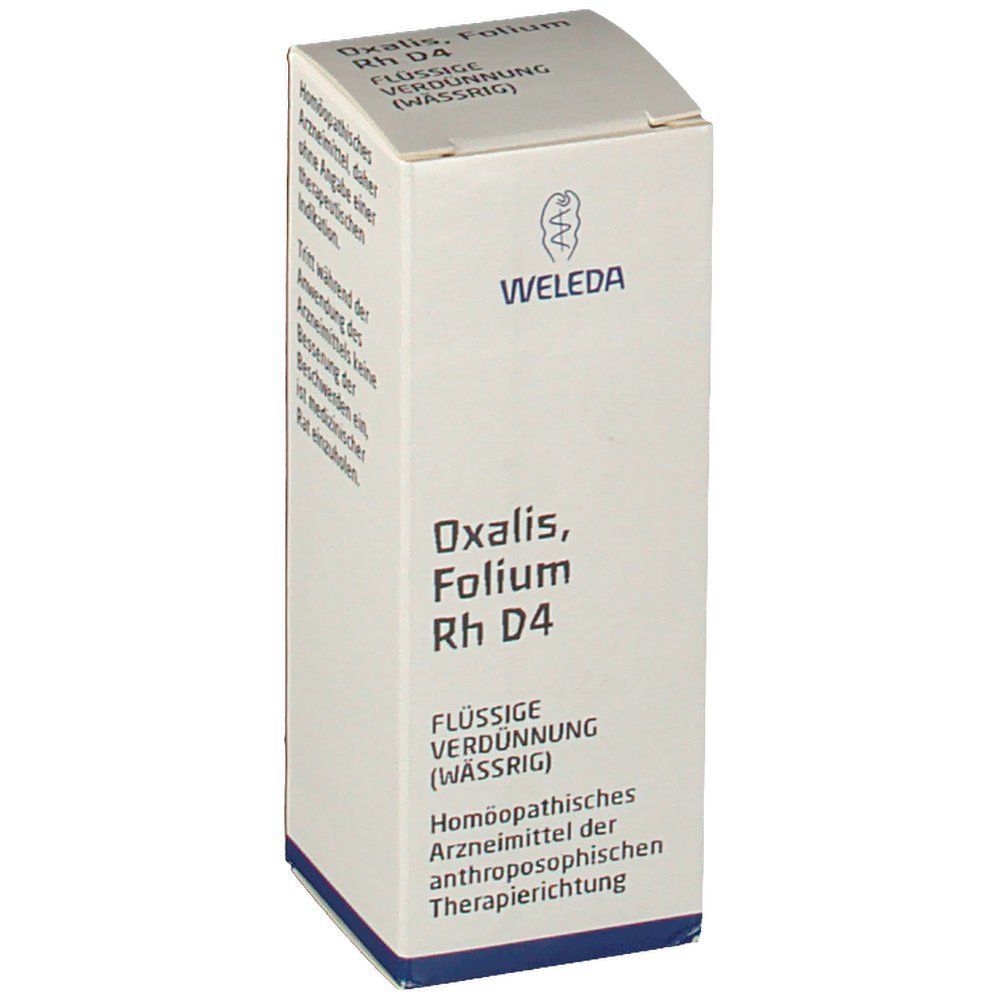 Weleda Oxalis Folium Rh D4. Weiße Faltschachtel. Vorderseite mit Produktnamen, Marke und Logo. Fl
üssige Verdünnung.