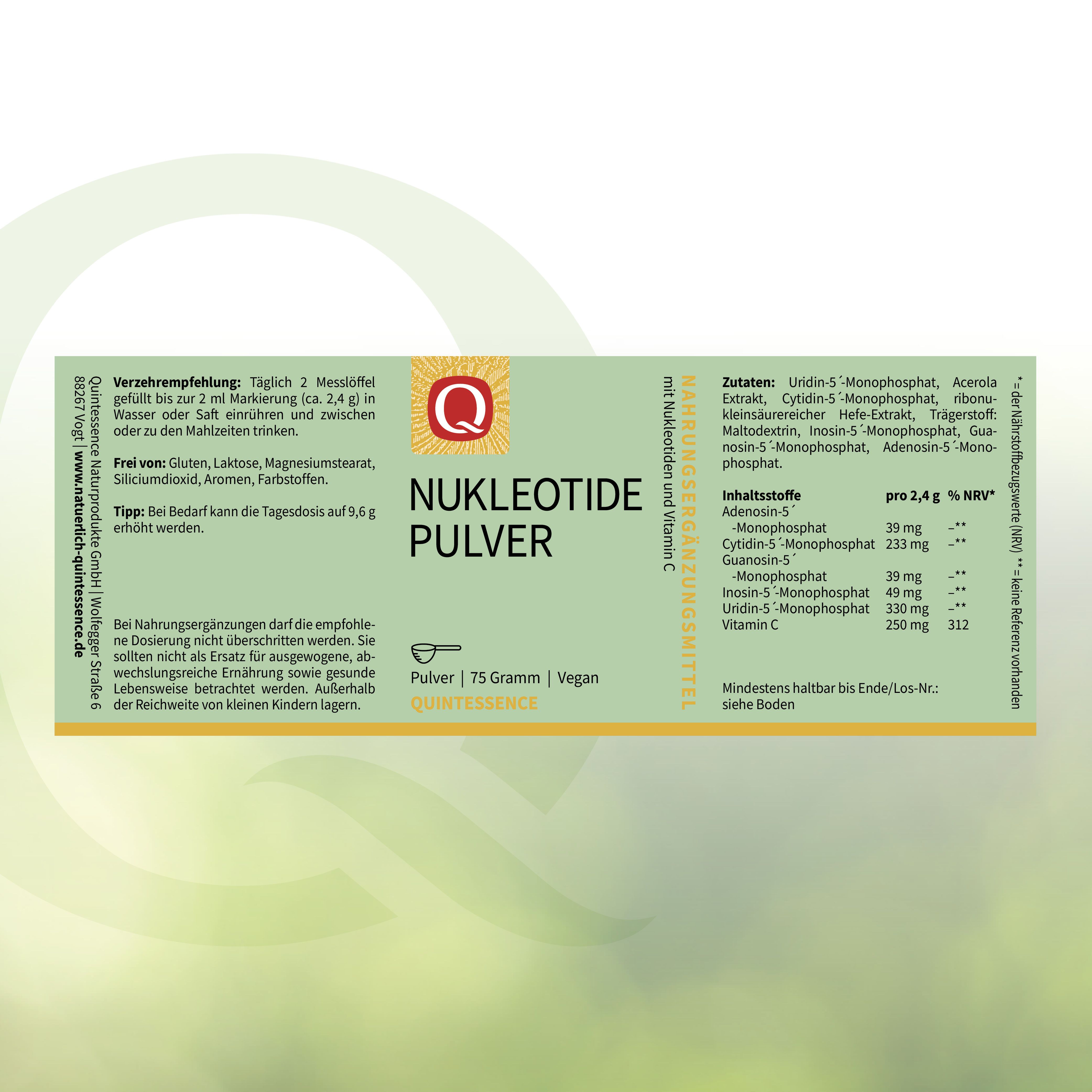 Etikett mit Produktname, Logo und Inhaltsangaben. Text: Nukleotide Pulver. 75 Gramm. Vegan.