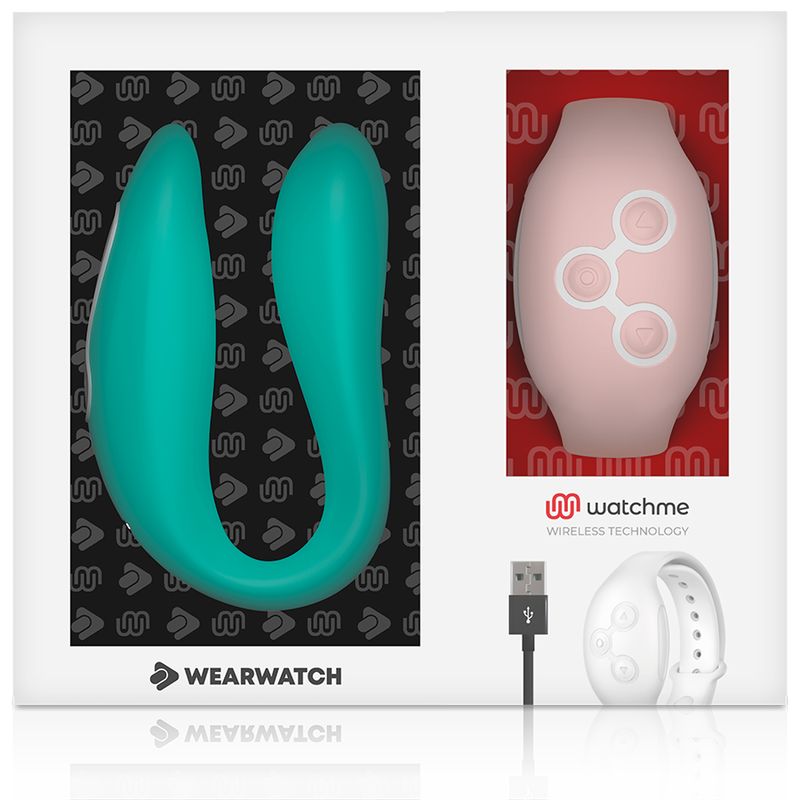 Verpackung mit Wearwatch-Produkt und Armband. Watchme-Logo. USB-Kabel.