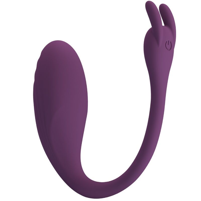 Lila Vibrator mit gebogener Form und zwei abgerundeten Enden. Ein Knopf mit Power-Symbol ist sichtbar.