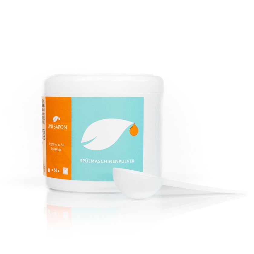 Weißer Behälter mit "Uni Sapon"-Logo und Dosierlöffel. Aufschrift "Spülmaschinenpulver".