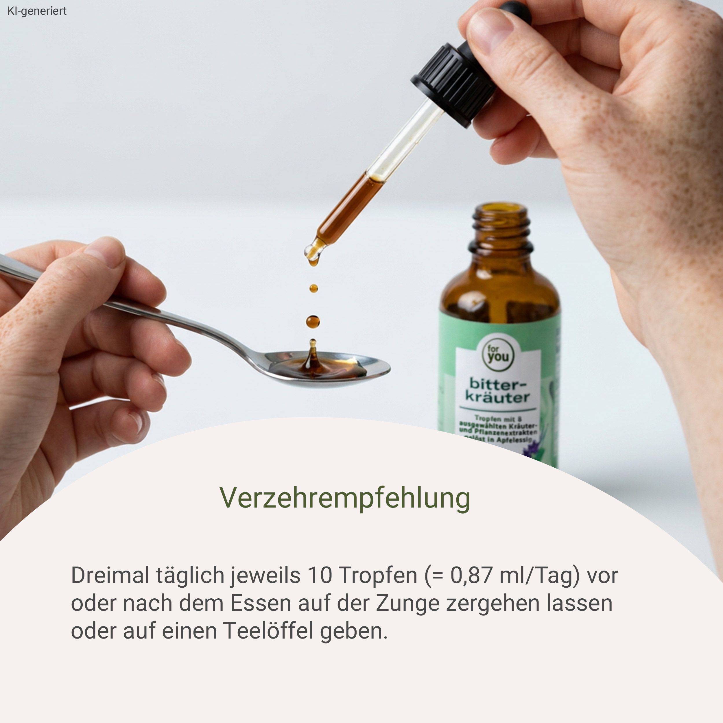 Braune Tropfflasche mit grünem Etikett, aus der ein Pipette Tropfen in einen Löffel gibt.