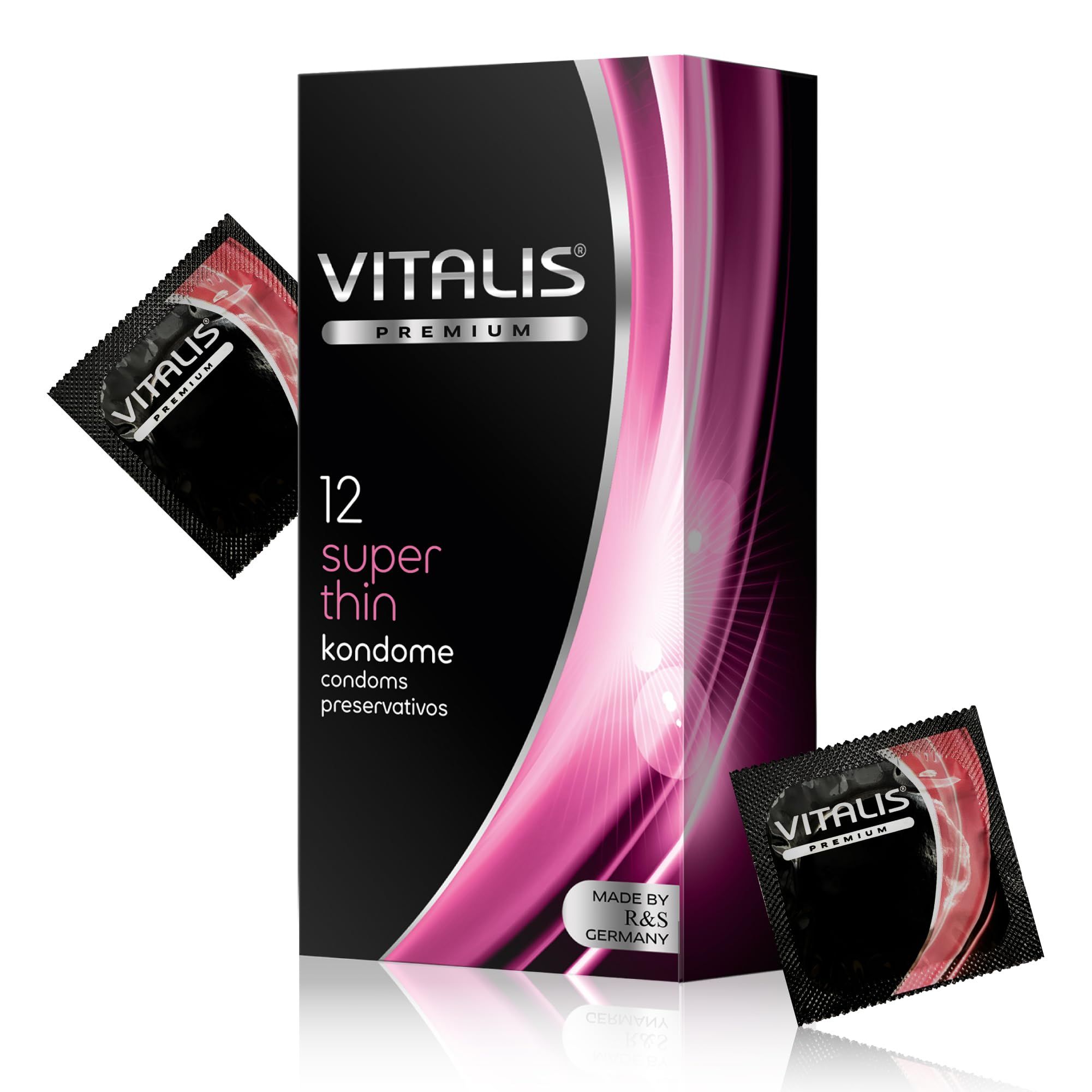 Vitalis Super Thin Kondome, 12 Stück. Schwarze Verpackung mit pinken Akzenten. Zwei einzelne Kondompackungen sichtbar.