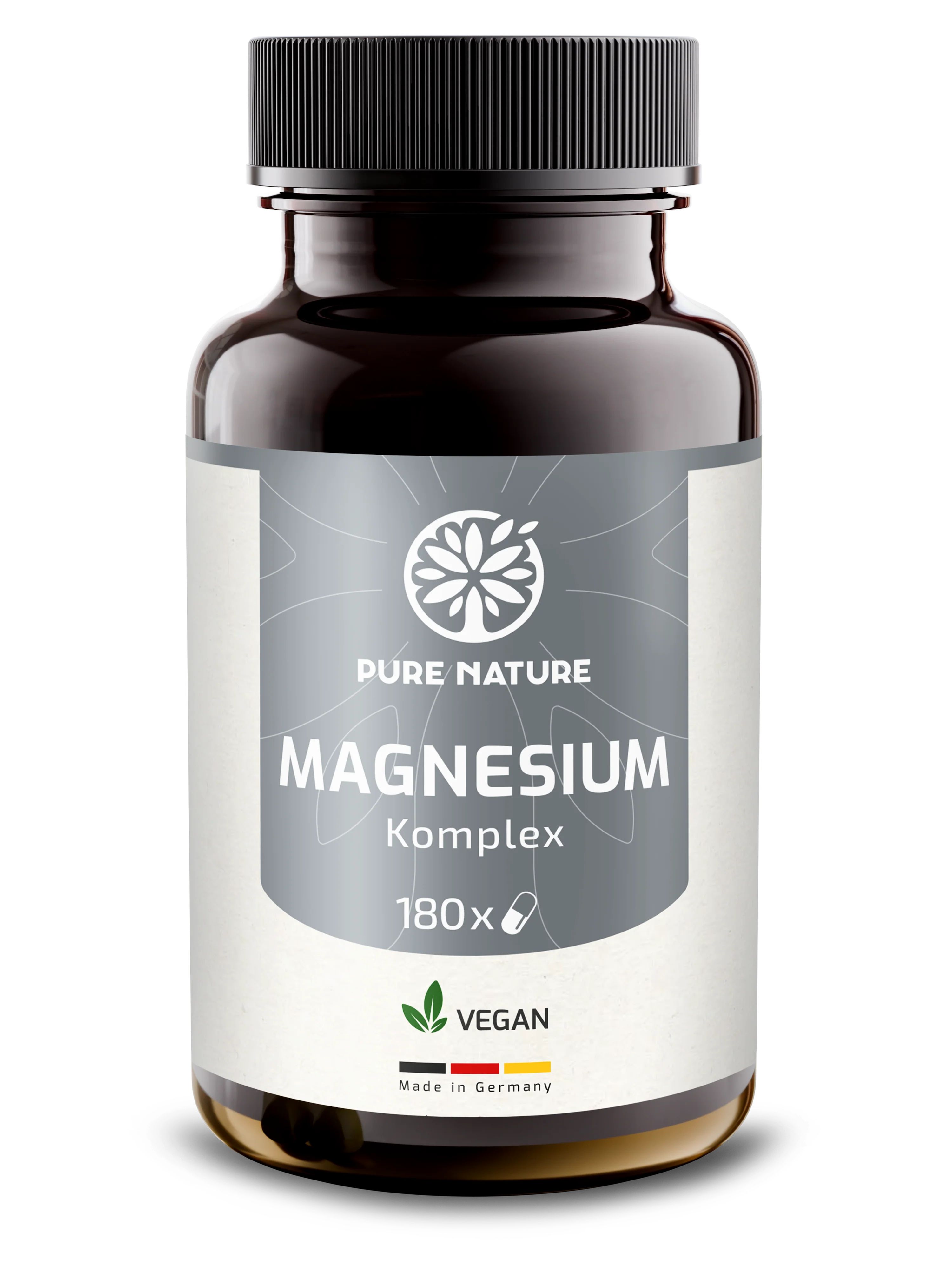 Braune Flasche mit weißem Etikett. Aufschrift: Pure Nature Magnesium Komplex, 180 Kapseln. Vegan-Siegel und Deutschland-Flagge.