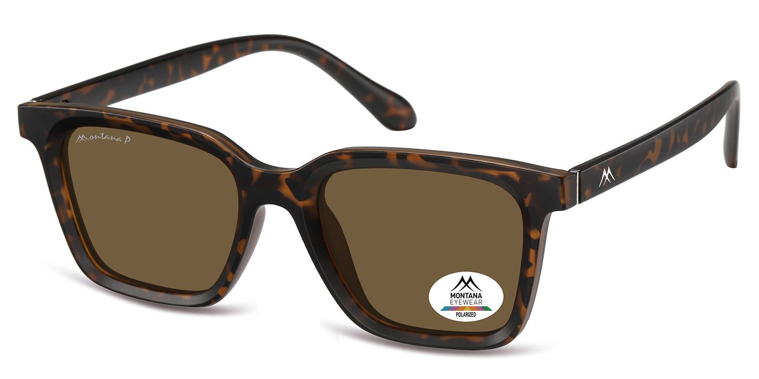 Sonnenbrille mit braunen Gläsern und braunem Rahmen. Auf dem rechten Glas befindet sich ein Aufkleber mit dem Logo von Montana Eyewear.