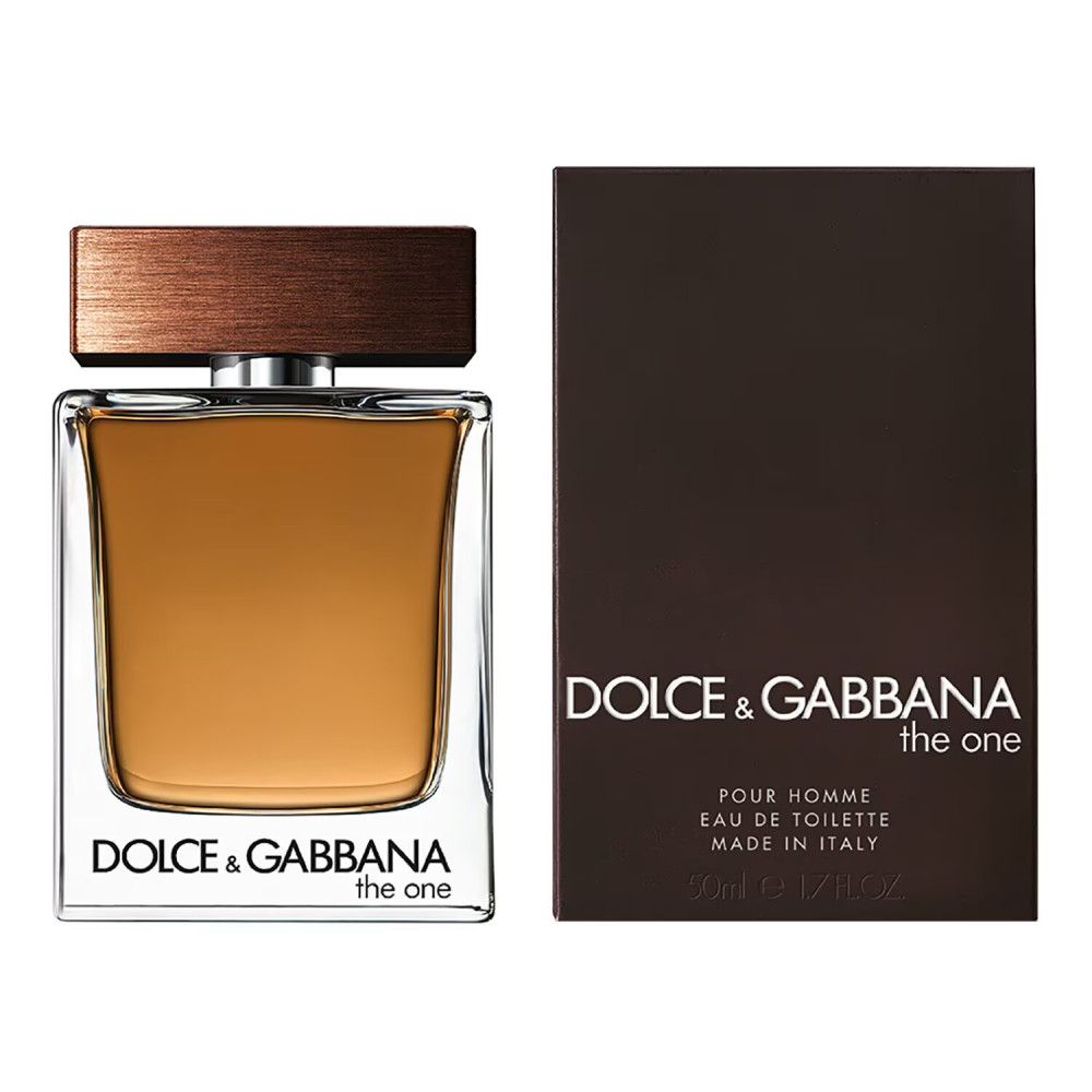 Flakon und Verpackung von Dolce & Gabbana The One For Men. Rechteckiger Flakon mit braunem Deckel und Schriftzug.