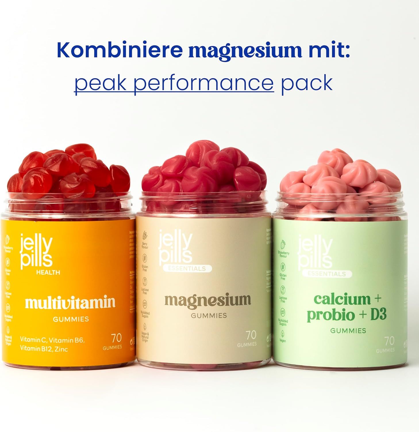 Drei Dosen Jelly Pills Gummies: Multivitamin, Magnesium, Calcium + Probio + D3. 70 Gummies pro Dose.
