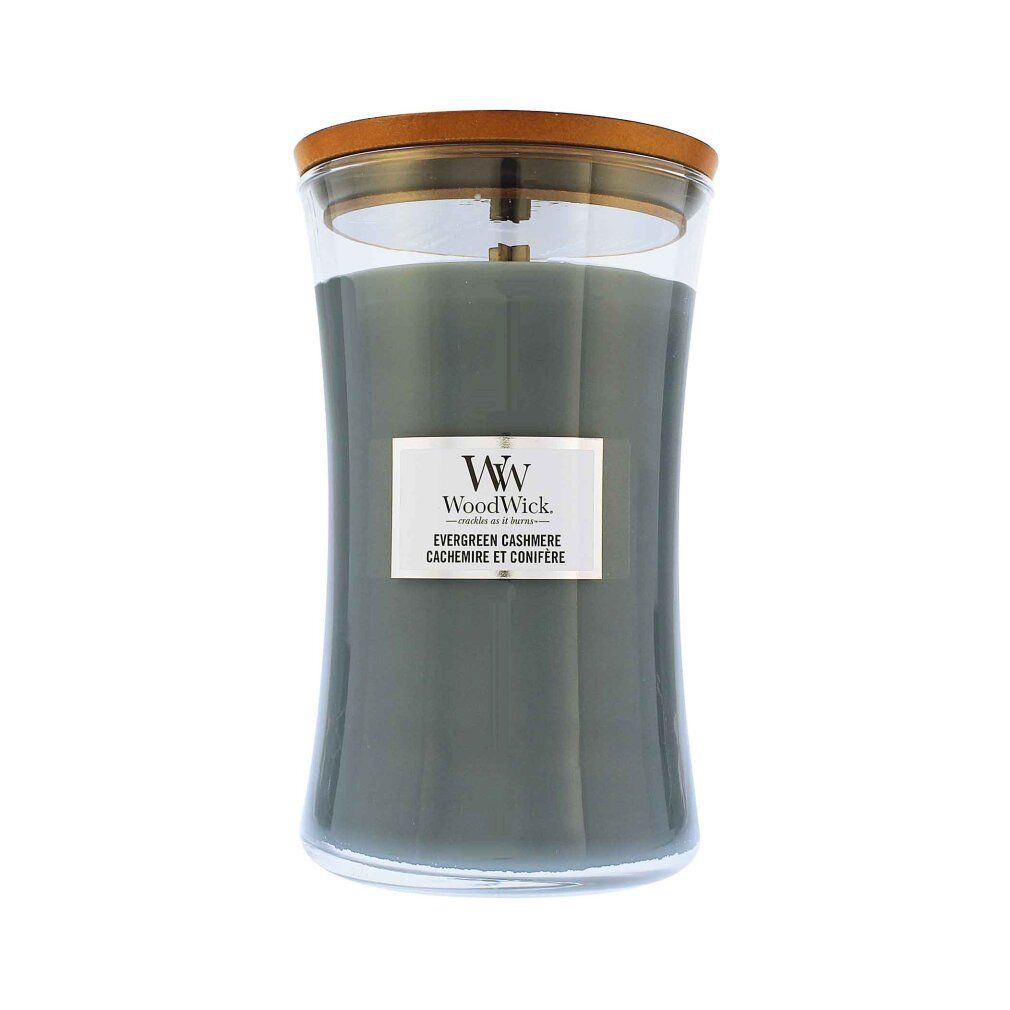 Graue Duftkerze mit Holzdeckel und Glasbehälter. Aufschrift: WoodWick Evergreen Cashmere.