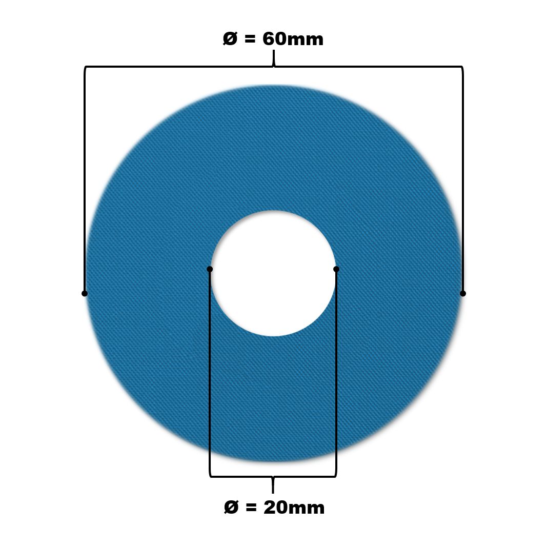 Blaues Katheterpflaster mit zentralem Loch. Durchmesser 60 mm, Lochdurchmesser 20 mm. Abmessungen beschriftet.
