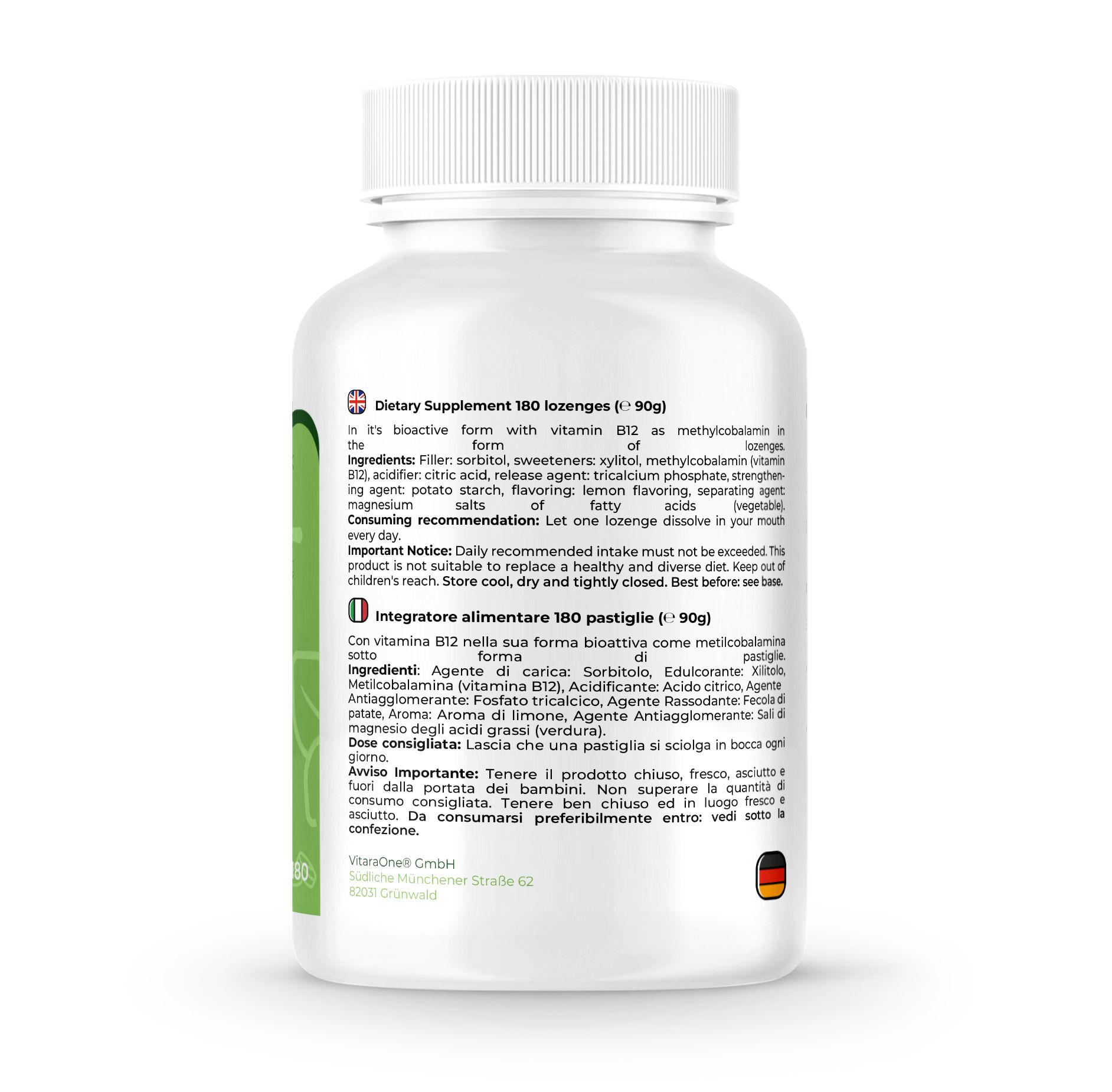 Rückseite einer weißen Flasche. Enthält Vitamin B12. Text in Deutsch, Englisch und Italienisch. 180 Lutschtabletten.