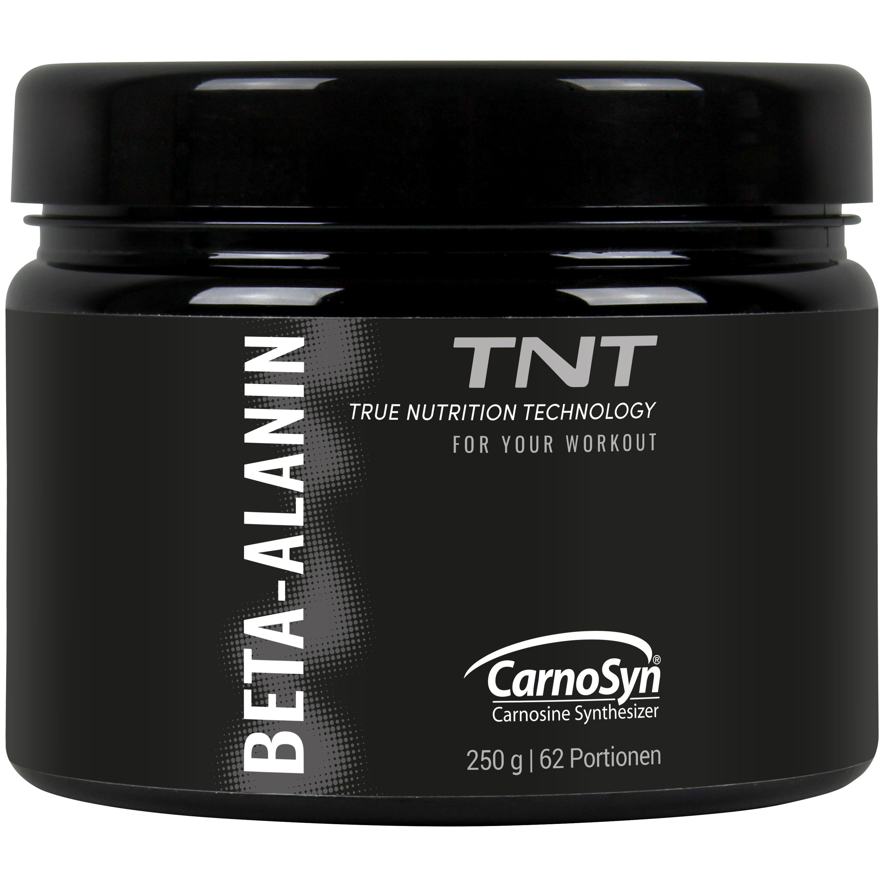 Schwarzes Supplement-Behälter mit weißer Schrift. Aufschrift: Beta-Alanin, TNT, CarnoSyn, 250g, 62 Portionen.