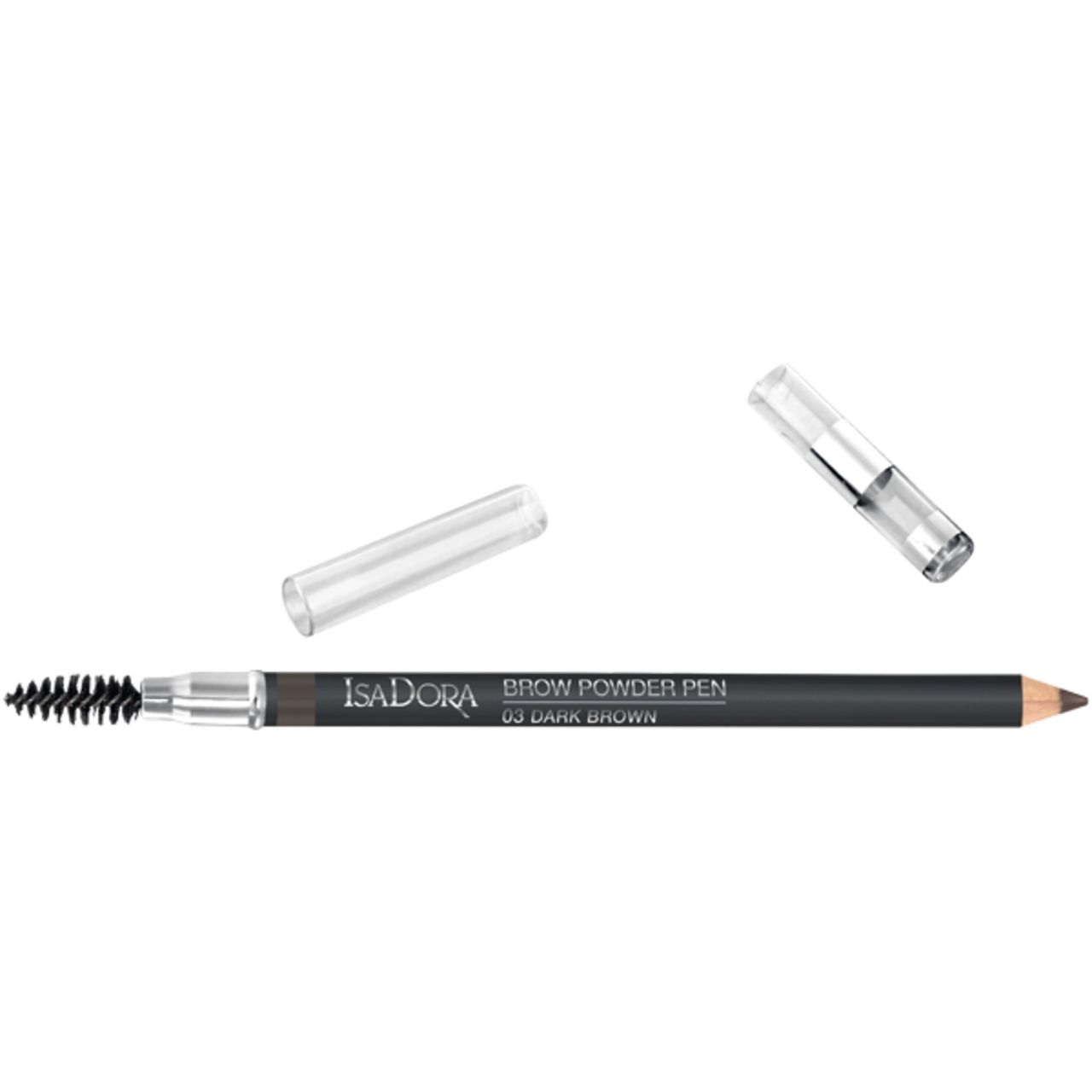 IsaDora Brow Powder Pen, dunkelbraun. Stift mit Bürste und Kappe. Aufschrift: Brow Powder Pen, 03 Dark Brown.
